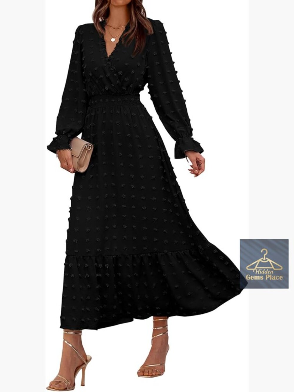 Long Sleeve V-Neck Maxi Dress, High Waisted A-Line Ruffle Boho Formal